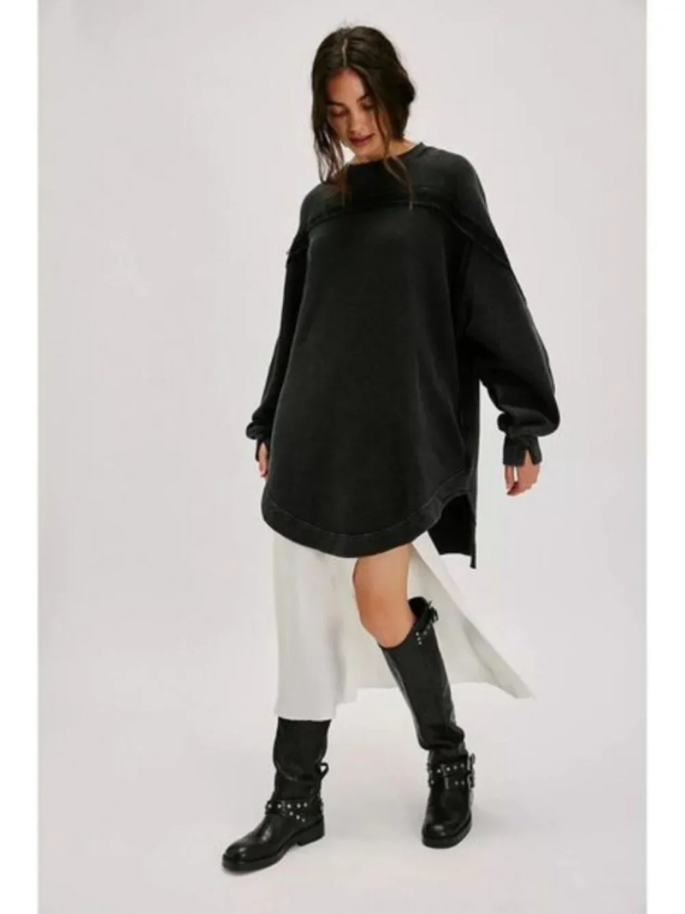 Free People Taylor Sweatshirt Tunic Top Oversized Black Pocket Pullover L
